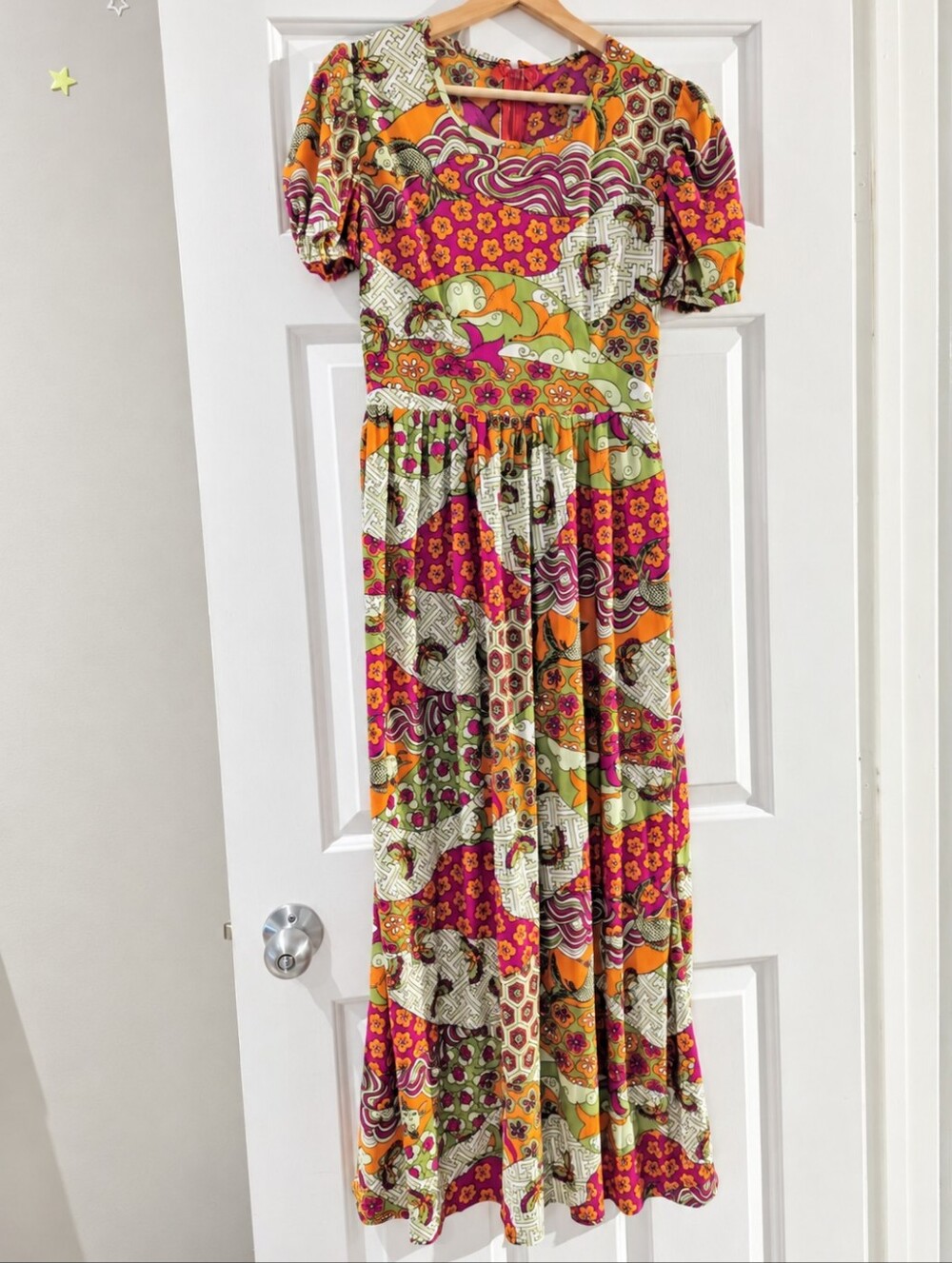 True Vintage 70s Psychedelic Patchwork Maxi Dress Vibrant Retro Floral Boho S